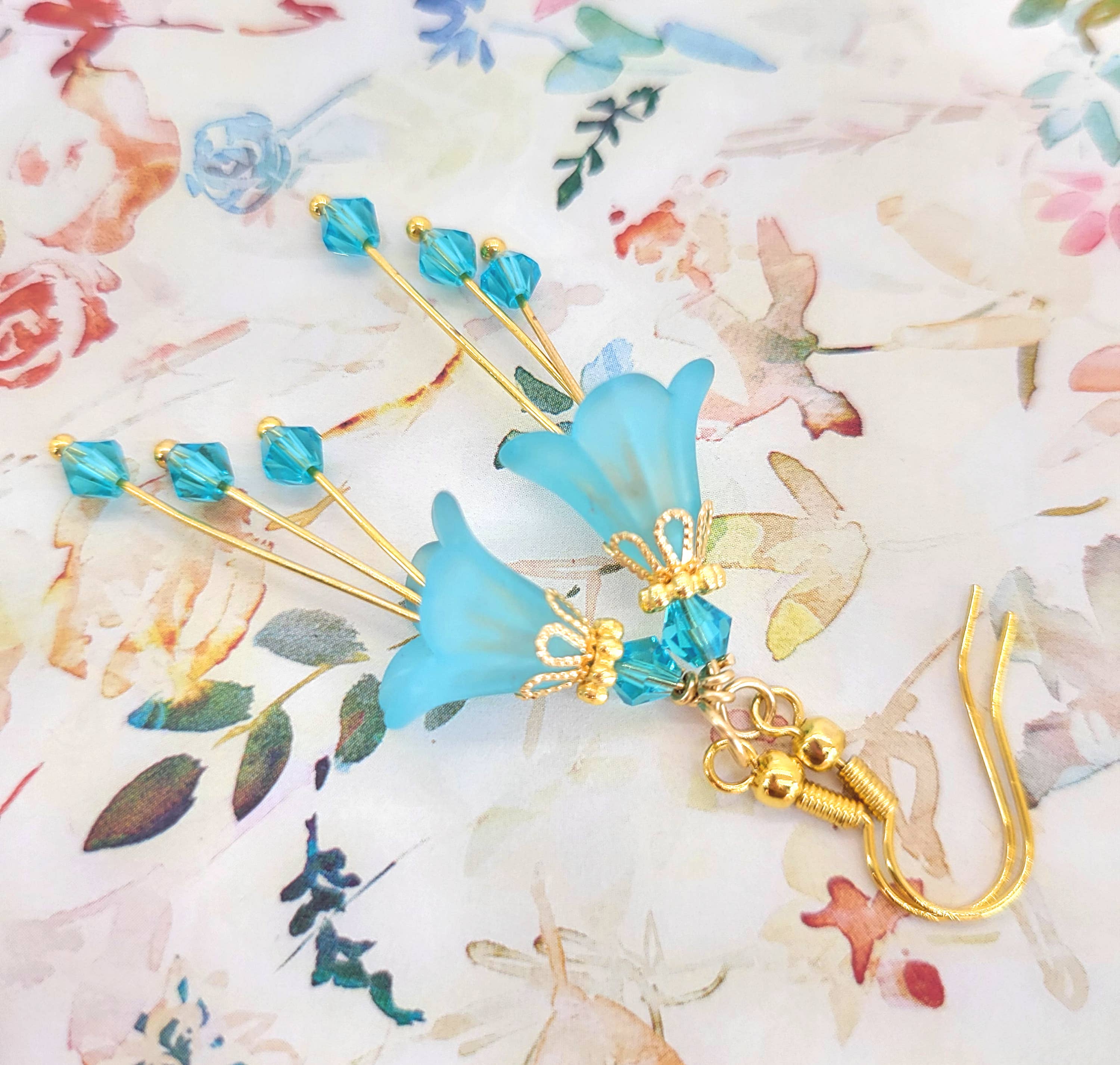 Chic Brico - Wholesale Dangle Earrings - Bell Flower Dangle Earrings - Aqua Blue and Gold1