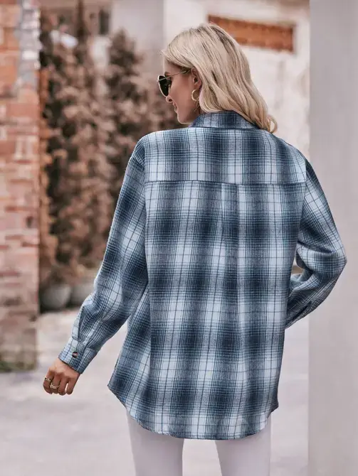 Lovesoft - Wholesale Button Down Shirt - Women's - Coffee Casual Fashion Oversized Loose Plaid Shirt7