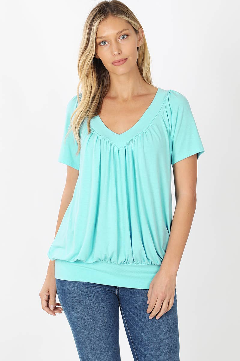 42POPS - Wholesale Blouse - Women's - ",.SHIRRED V-NECK SHORT SLEEVE TOP13