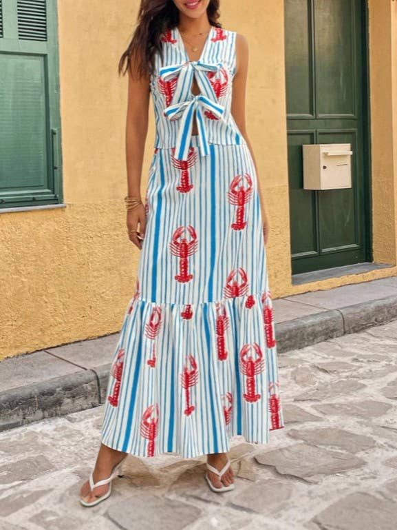 Blue Ariana Lobster & Stripe Print tie front tank top & skirt set for wholesale on Faire2