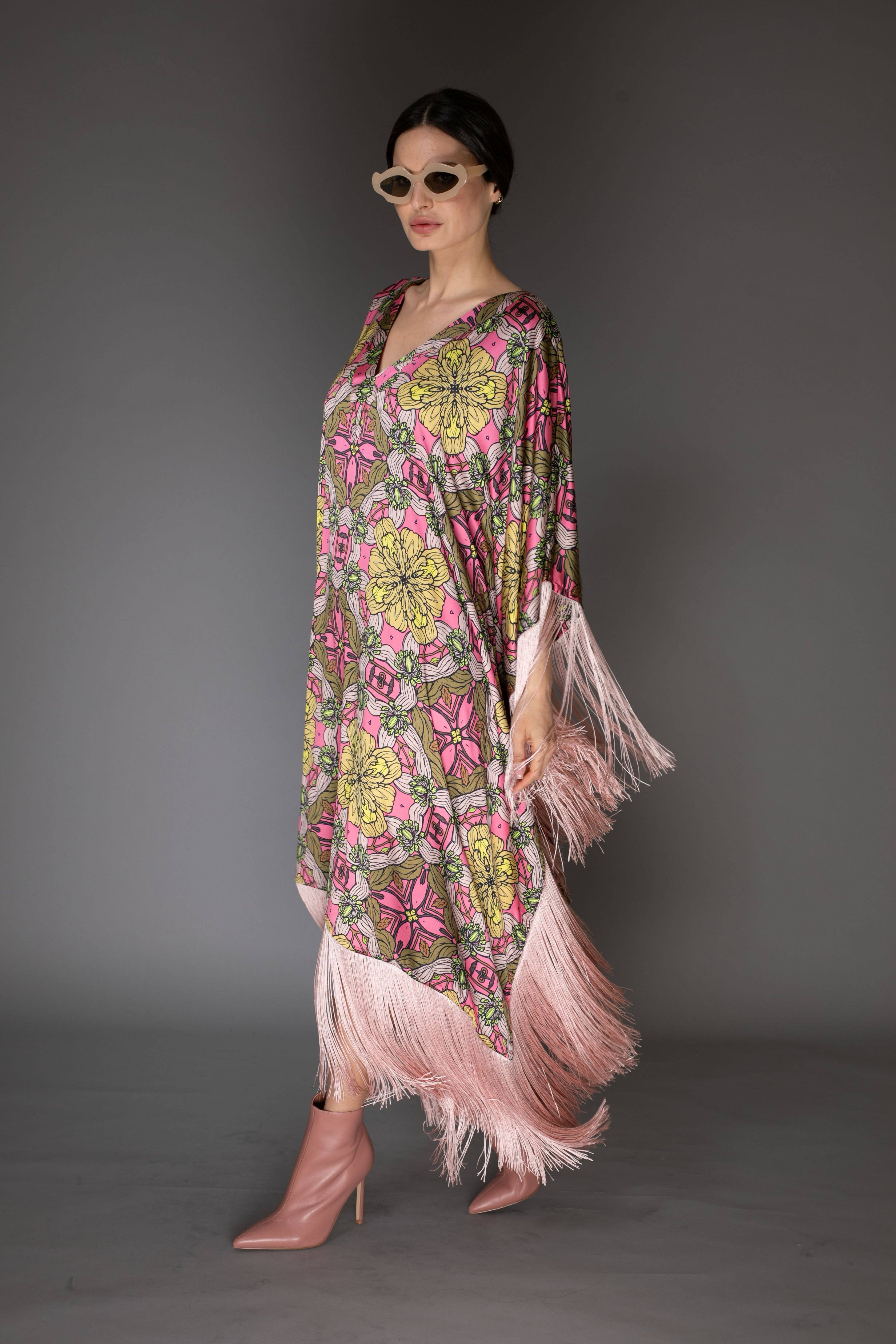 Rose Pink Fringed Satin Long Kaftan Dress for wholesale on Faire4