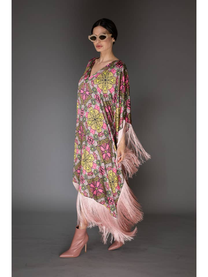 Rose Pink Fringed Satin Long Kaftan Dress for wholesale on Faire4