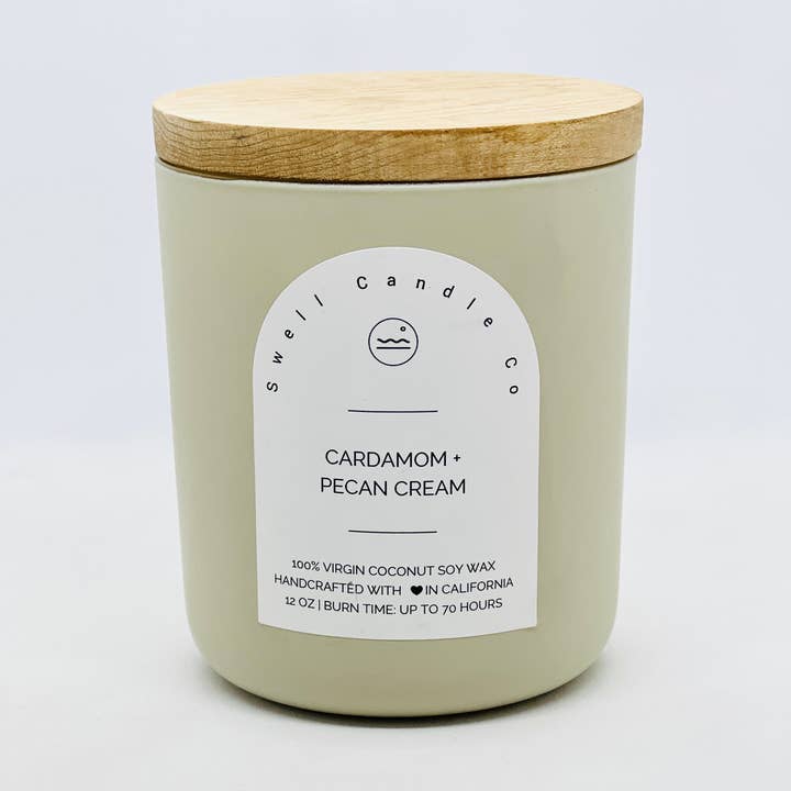 Cardamom + Pecan Cream Coconut Soy Candle with Wooden Wick and other Purchase Wholesale crushed colored glass. Free Returns & Net 60 Terms on Faire trending on Faire.