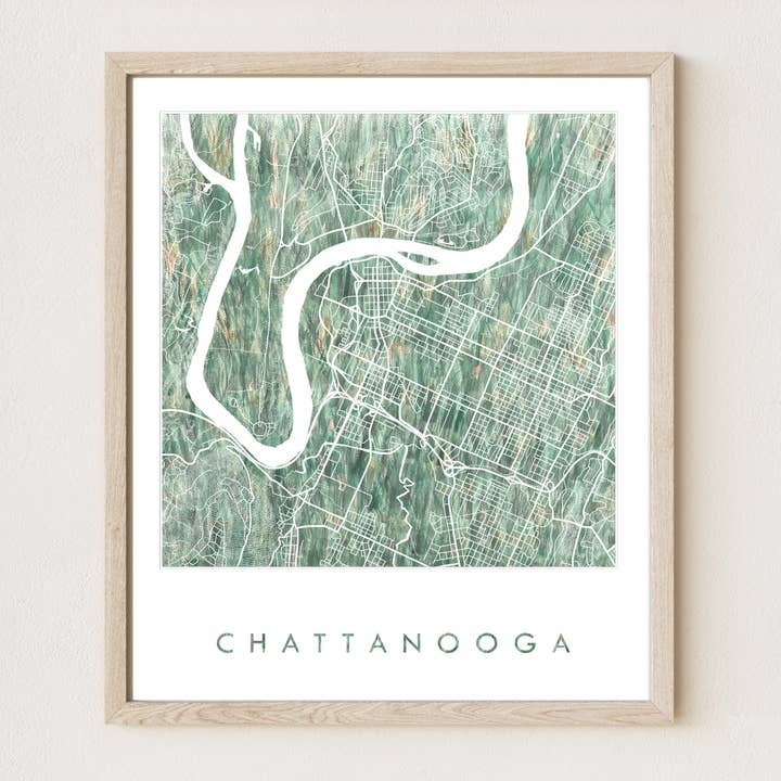 Impresión artística de mapa pintado de Chattanooga, Tennessee para venta al por mayor de Turn-of-the-Centuries