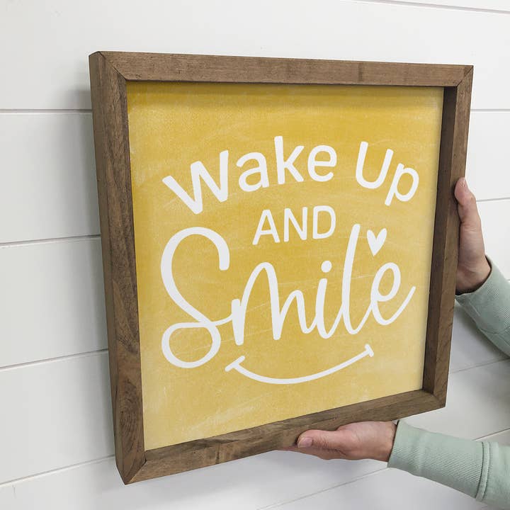 Wake Up with A Smile - Inspiring Canvas Sign Art - Framed for wholesale by Hangout Home