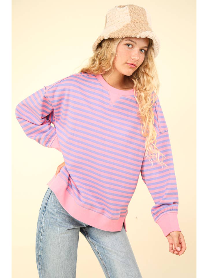 VERY J - Wholesale Knit Top - Women's - NT11927-Stripe Comfy Casual Oversized Knit Top