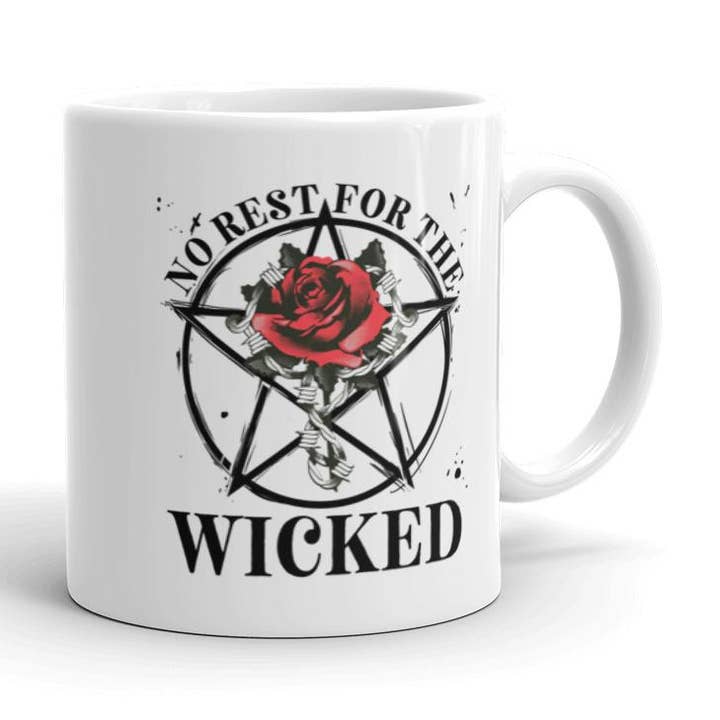 No rest for the wicked coffee mug for wholesale by Words of Ivy
