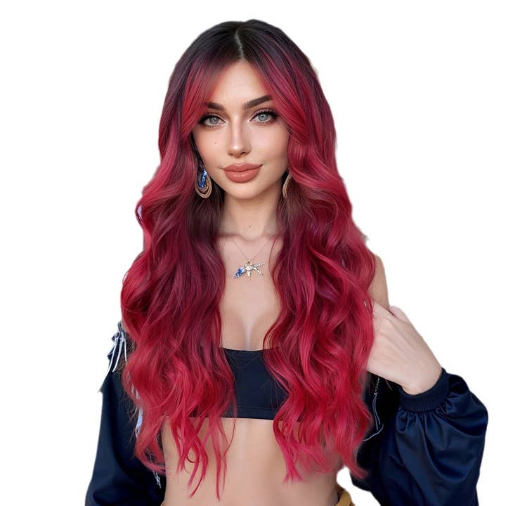 Mermaid Red Ombre Bangs Long Wavy Halloween Wig for wholesale by kycozy