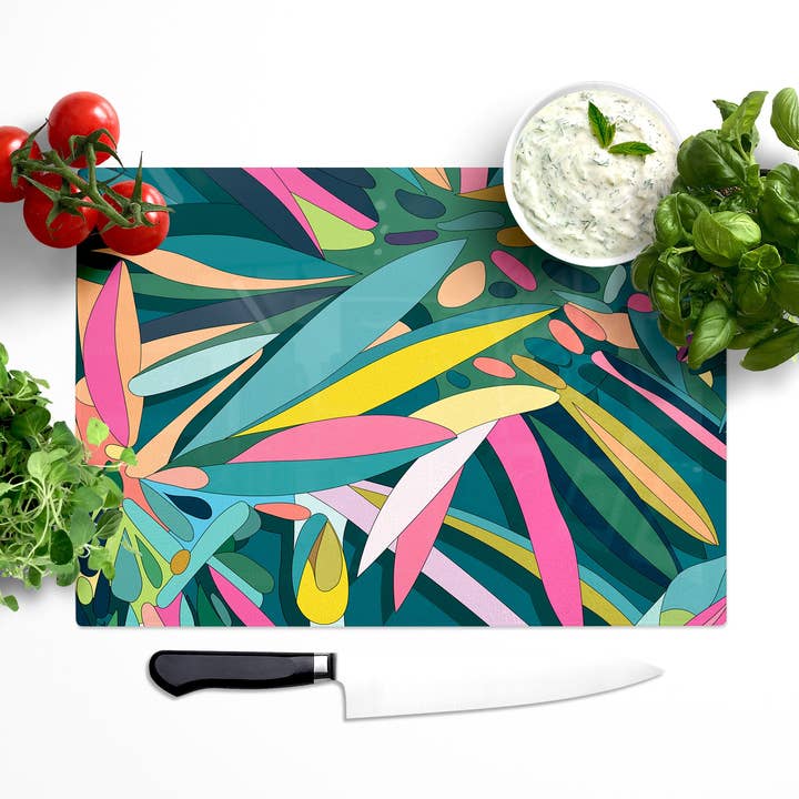 Abstract Sea Aster Teal Glass Worktop Saver for wholesale by Bean and Bemble