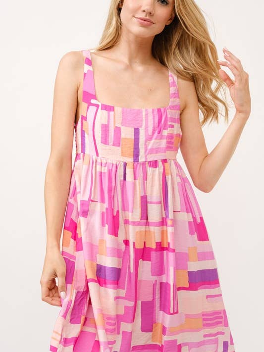 SA00026D - Geo Printed Square Neck Babydoll Dress for wholesale by SPICE ALLEY