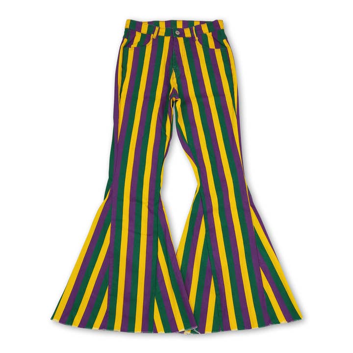 Purple green yellow stripe adult women Mardi Gras jeans for wholesale by Yawoo Garments