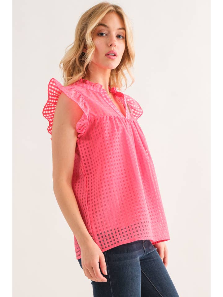 AND THE WHY - Wholesale Blouse - Women's - ATW14889 - Sheer and Gridded Baby Doll Ruffled Top