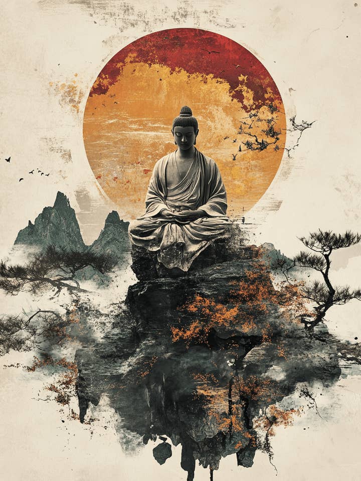 Mountaintop Buddha - Art zen pour la méditation, décoration d'intérieur, impressions murales — Œuvre d'art de 8 x 10 pouces — 11 pouces x 14 pouces mats pour la vente par Mowbi