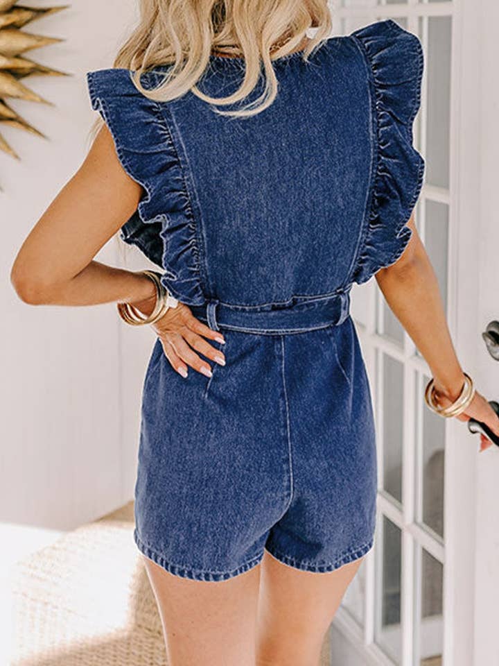 Blue Denim Ruffled Zipped Front Belted Romper for wholesale on Faire1