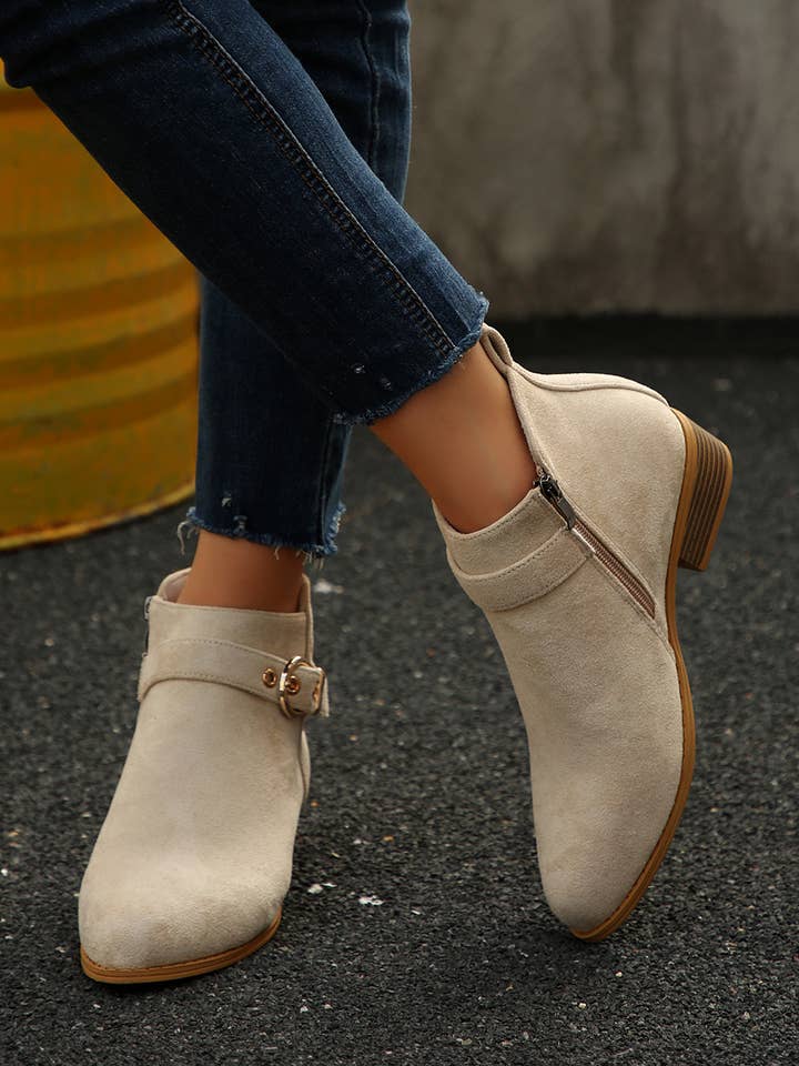 Classic Buckle Strap Chunky Heel Suede Boots for wholesale by 1 the Woman
