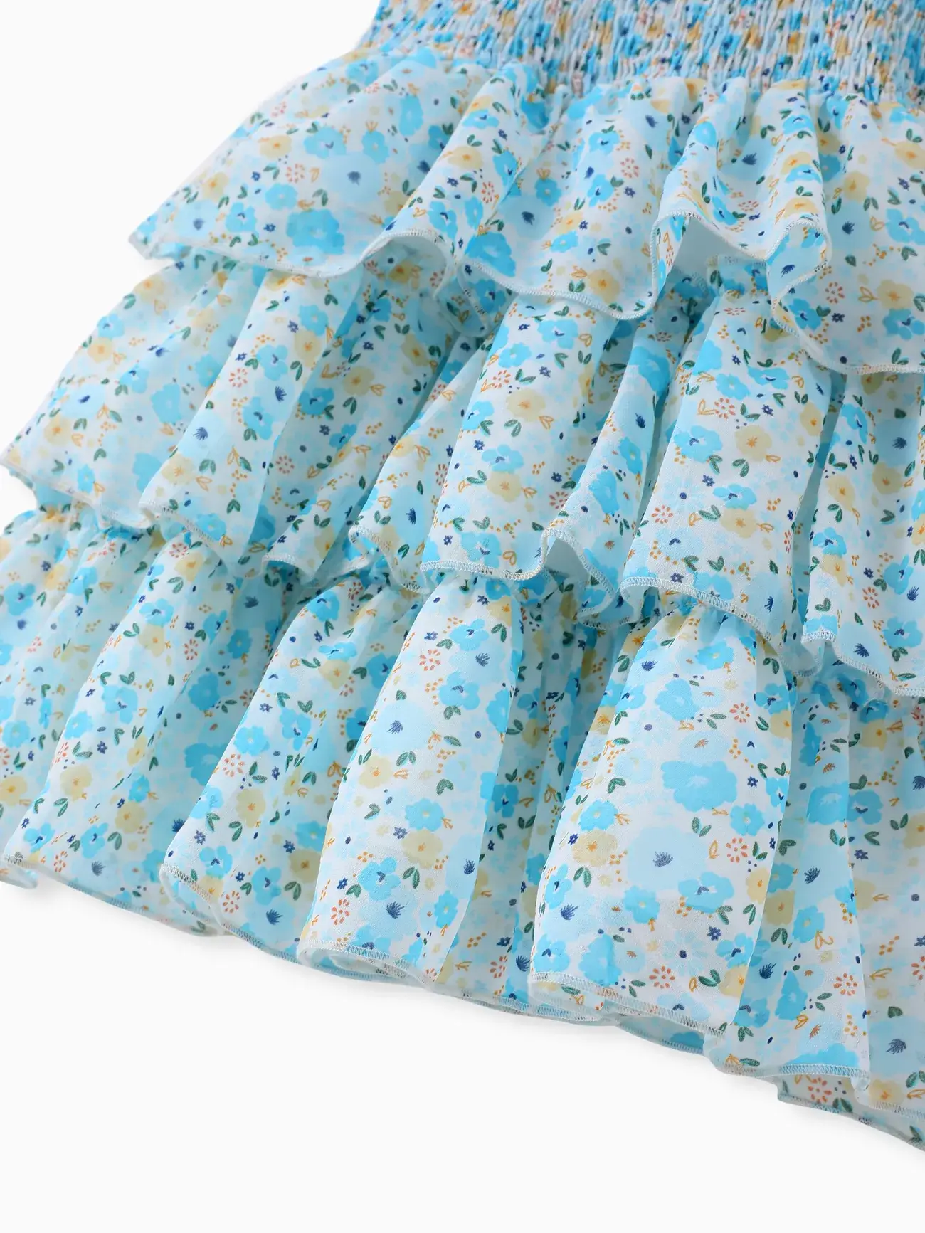 Blå Småbarnsflicka Söt Blommig Smockad Volangärmlös Klänning för wholesale på Faire3