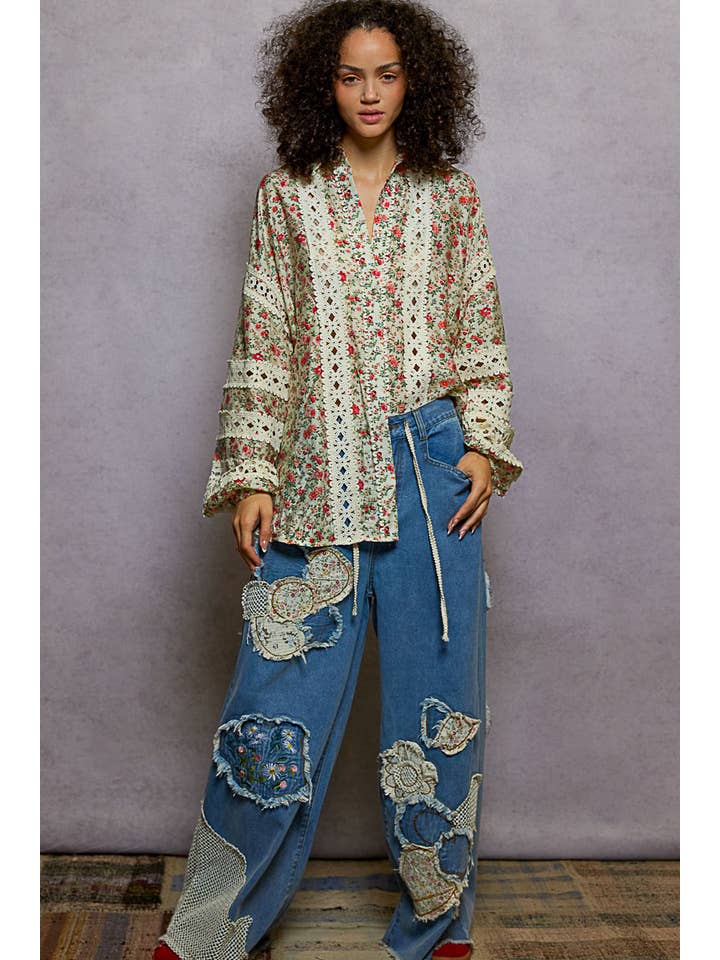 Pol Clothing - Wholesale Button Down Shirt - Women's - Balloon Sleeve Trim See-through Floral Printed Shirt Top4