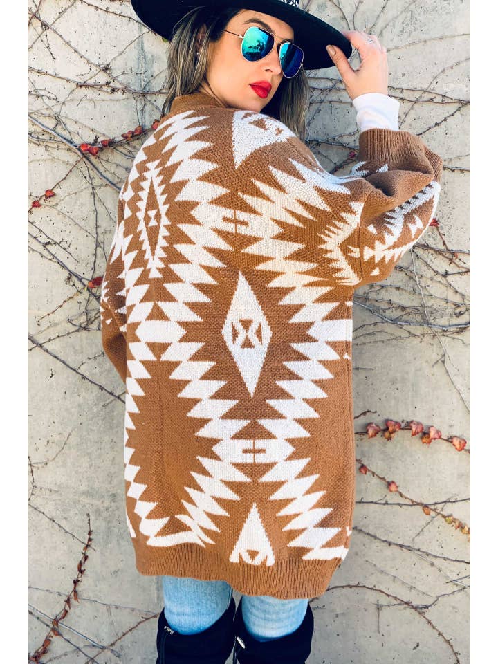 Caramel Open Front Aztec Printed Knitted Cardigan for wholesale on Faire