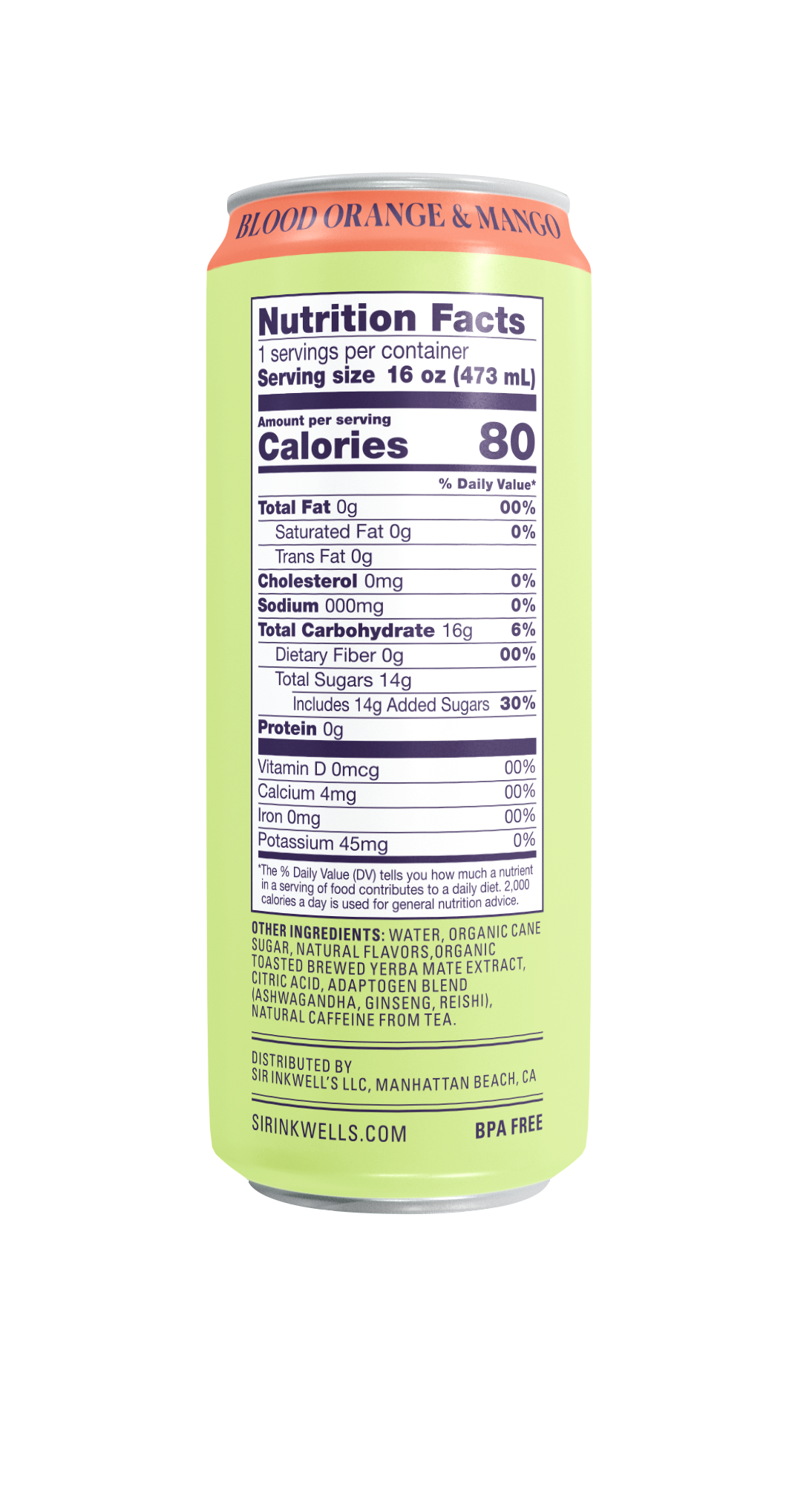 Sir Inkwell's Health Curiosities - Wholesale Health/Detox Tea - Adaptogen Infused Blood Orange & Mango Yerba Mate (12 Cans)3