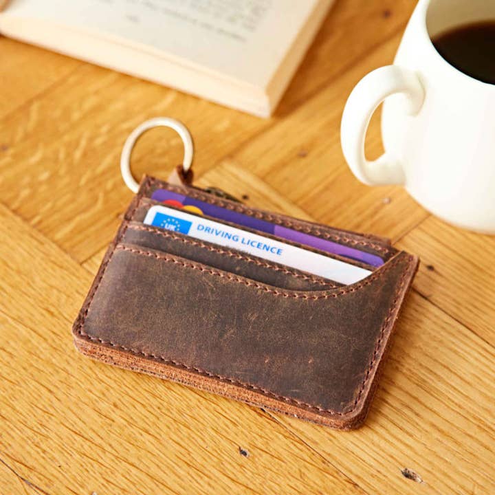 The Paper High Gift Company Limited - Wholesale Card Holder - Unisex - Brown Buffalo Leather Slim Zipped Card Holder - Handmade