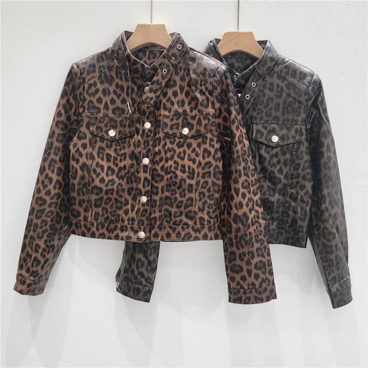 Sanyao Fashion - Wholesale Leather Jacket - Women's - M293 Cropped Leopard PU Moto Jacket for Women 20255