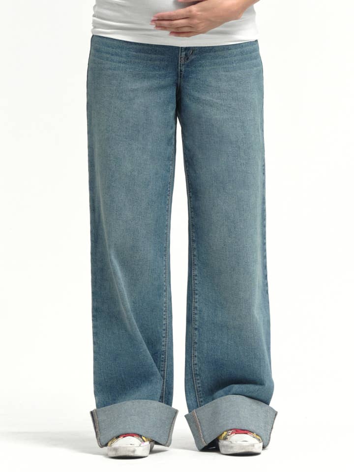 Maternity Roll Cuff Wide Leg Jean w/ Bellyband in Willa for wholesale by 1822 Denim