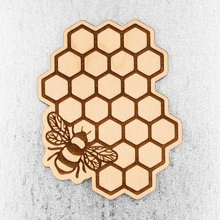 Honeycomb & Bee Wood Magnet for wholesale by Steamer Lane Design