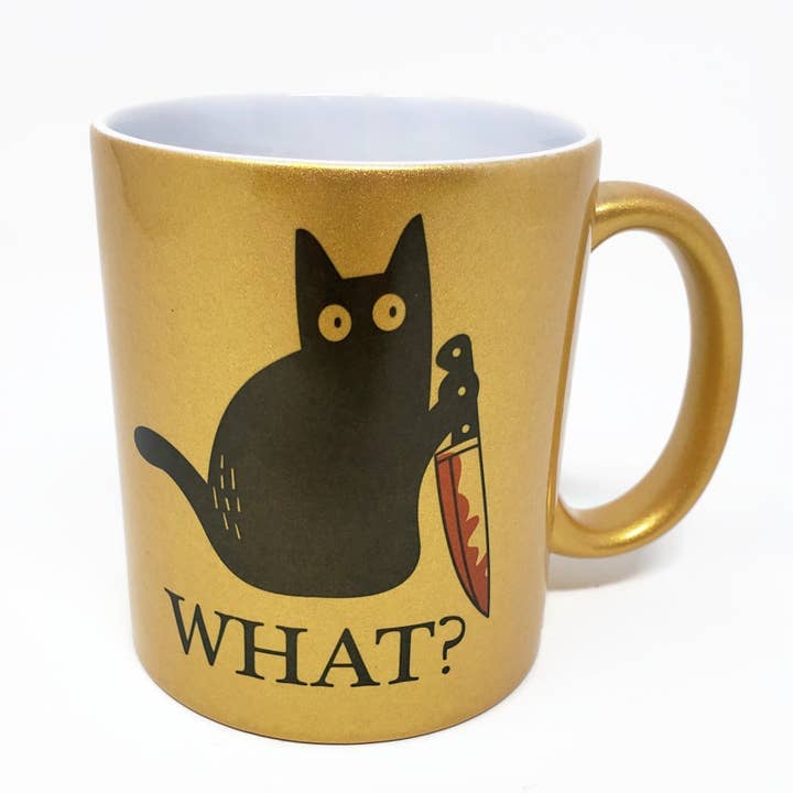 11 oz Metallic Mug - What? Murder Cat with Knife for wholesale by Candlelit Desserts