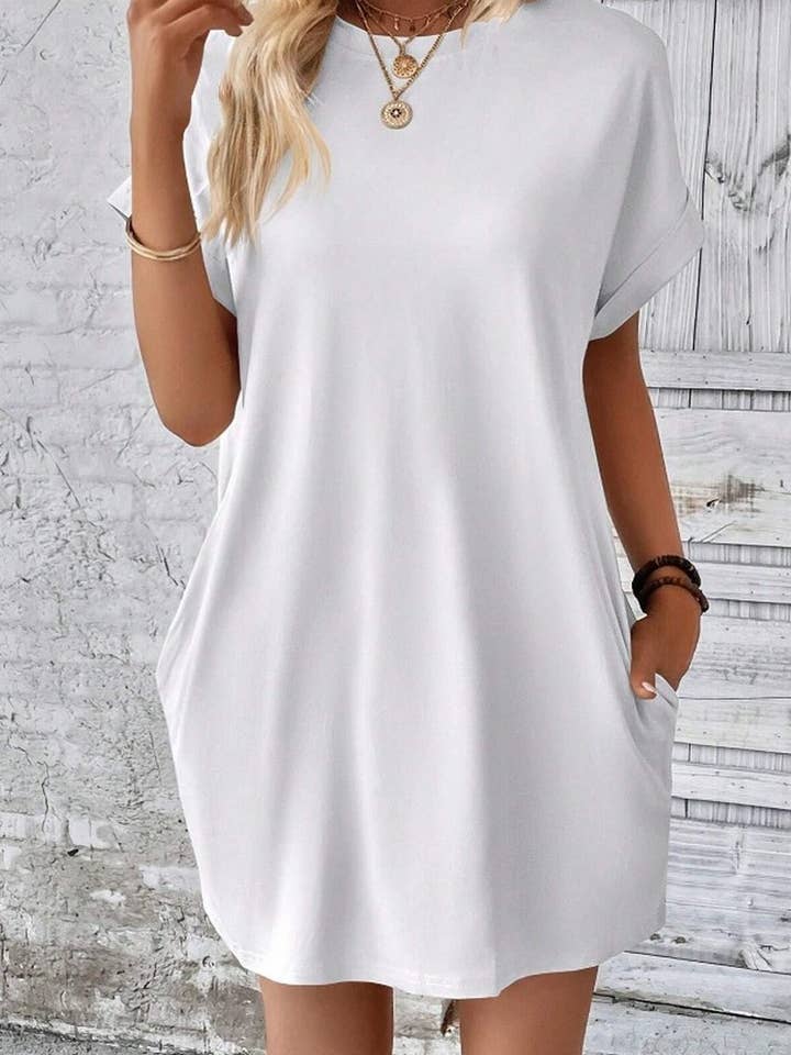 NINEXIS - Vente Robe – femme - CWDSD3628_ROBE COURTE À COL ROND ET POCHES AMPLES DE COULEUR UNIE1