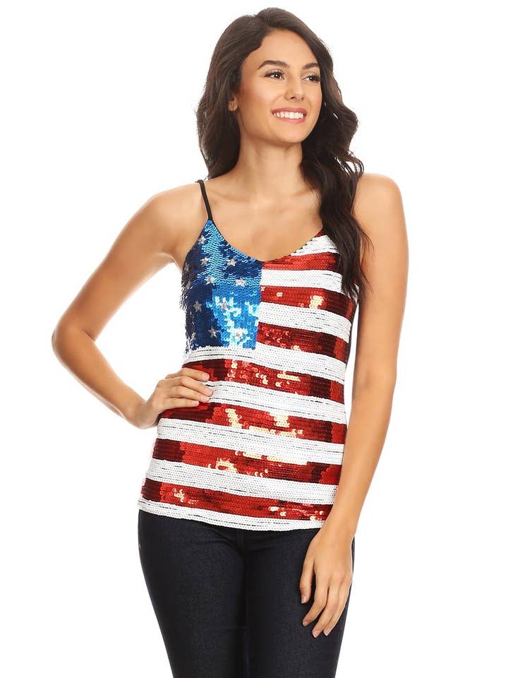 Anna Kaci Wholesale - Wholesale Camisole - Women's - Patriotic American Sequin Camisole Top