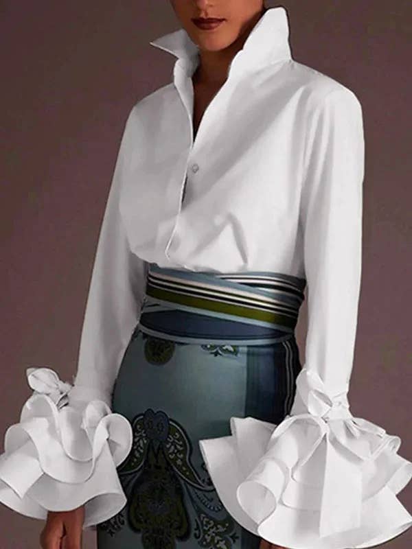 v neck long sleeve flower hem blouse for wholesale by Queen Fashion