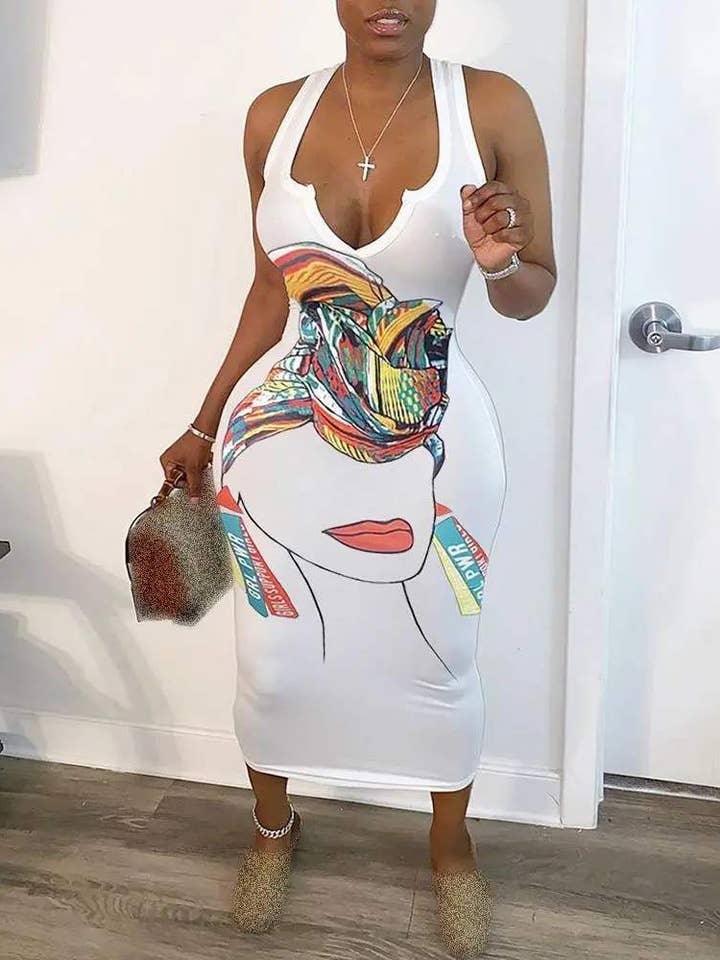 Fashion Combination - Wholesale Dress - Women's - figure print plunge thick strap midi dress