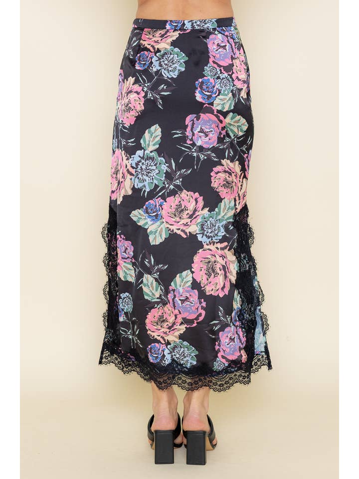 BLACK MULTI CHIC HIGH WAISTED FLORAL LACE SIDE SLIT MAXI SKIRT-SC4217FO for wholesale on Faire