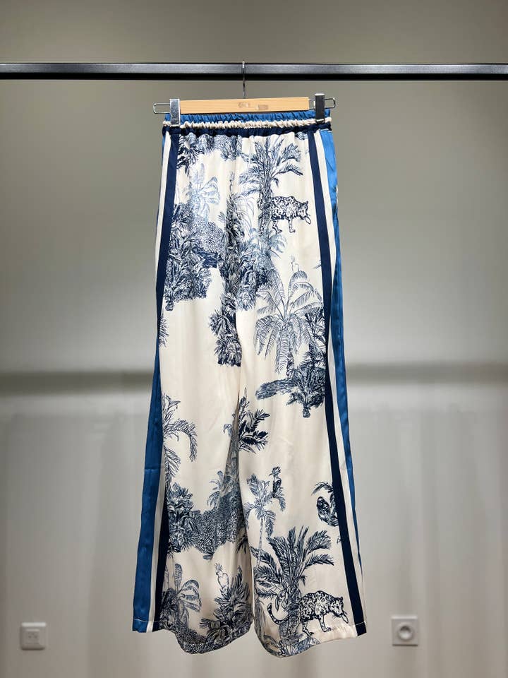 L'Emotion - Wholesale Pants - Women's - Elastic Waist Fluid Trousers with Tropical Pattern Drawstring