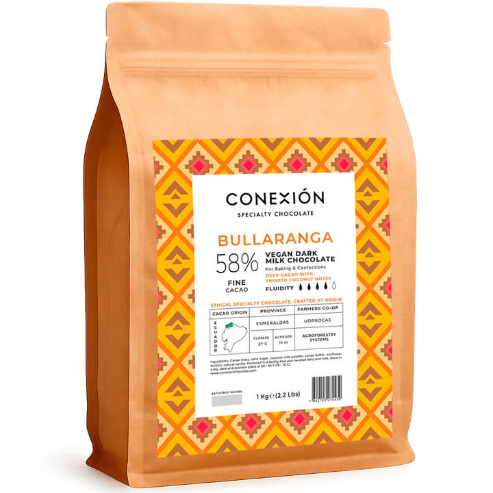 Bullaranga 58 %: Chocolate oscuro vegano de leche de coco Couverture para venta al por mayor de Conexión Chocolate
