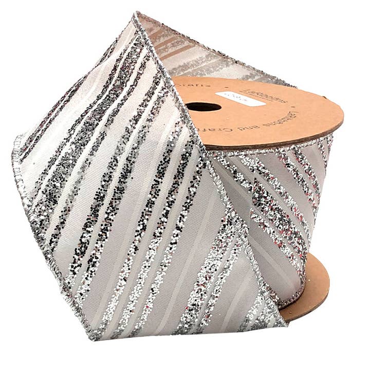 2 1/2" Wired Ribbon | "Glitter Striped" White/Silver | 10 Yard Roll
for wholesale by LA Ribbons Wholesale