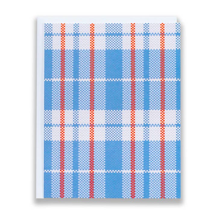 Red and Blue Plaid Shopping Bag Note Card for wholesale by Banquet Workshop