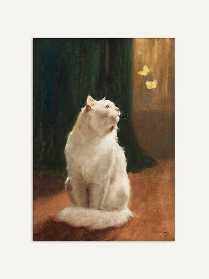 Hvidt katte-kunsttryk – Vintage dyreportræt med sommerfugle for engroshandel hos Modern Antique Prints