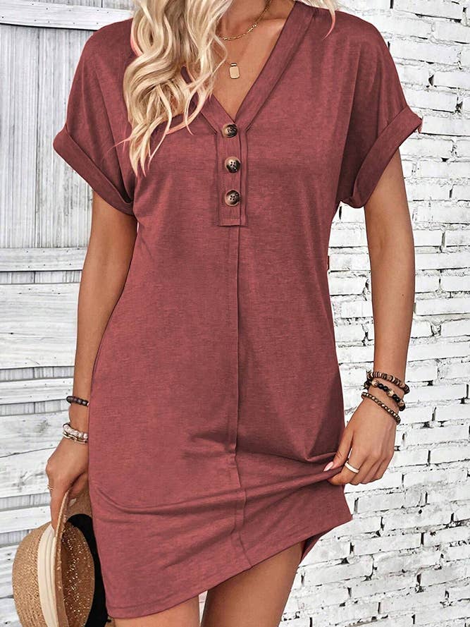 UNISHE - Wholesale Dress – Women's - Plain V Neck Buttoned Exposed Seam T-Shirt Dress AXR0959