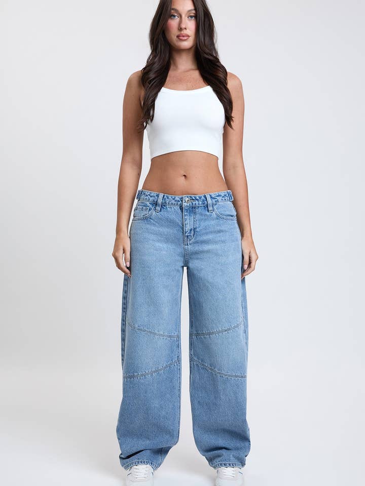 Moto Baggy Barrel Jeans mit Nahtdetails-P074976 für den Großhandel von YMI