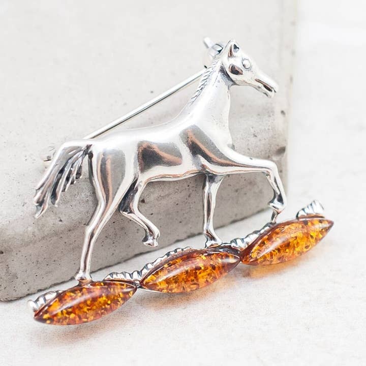 Amber Horse Brooch Silver Horse Pin Equestrian Jewellery for wholesale by Marcin Waryszak