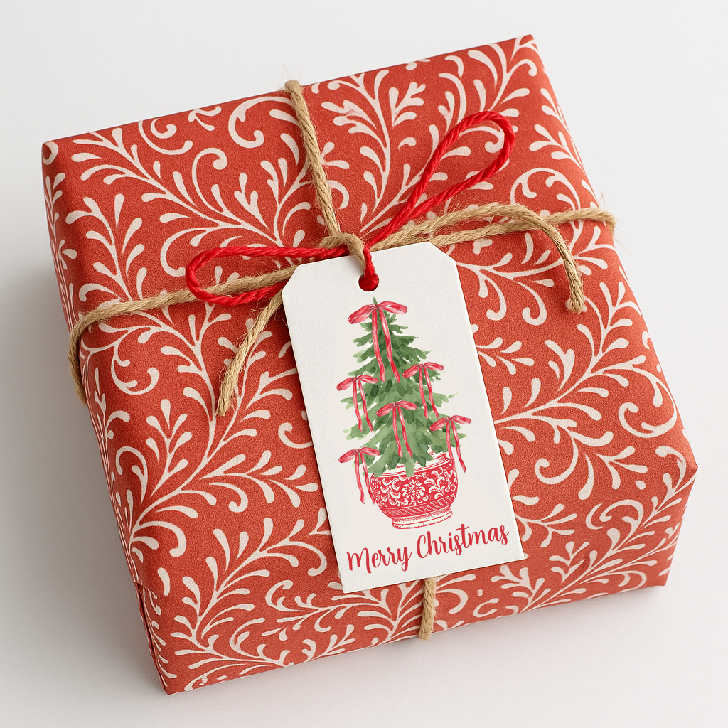 Design Carolinas - Vente Étiquette cadeau - Étiquettes-cadeaux pour arbre de Noël rouge Chinoiserie avec nœuds3