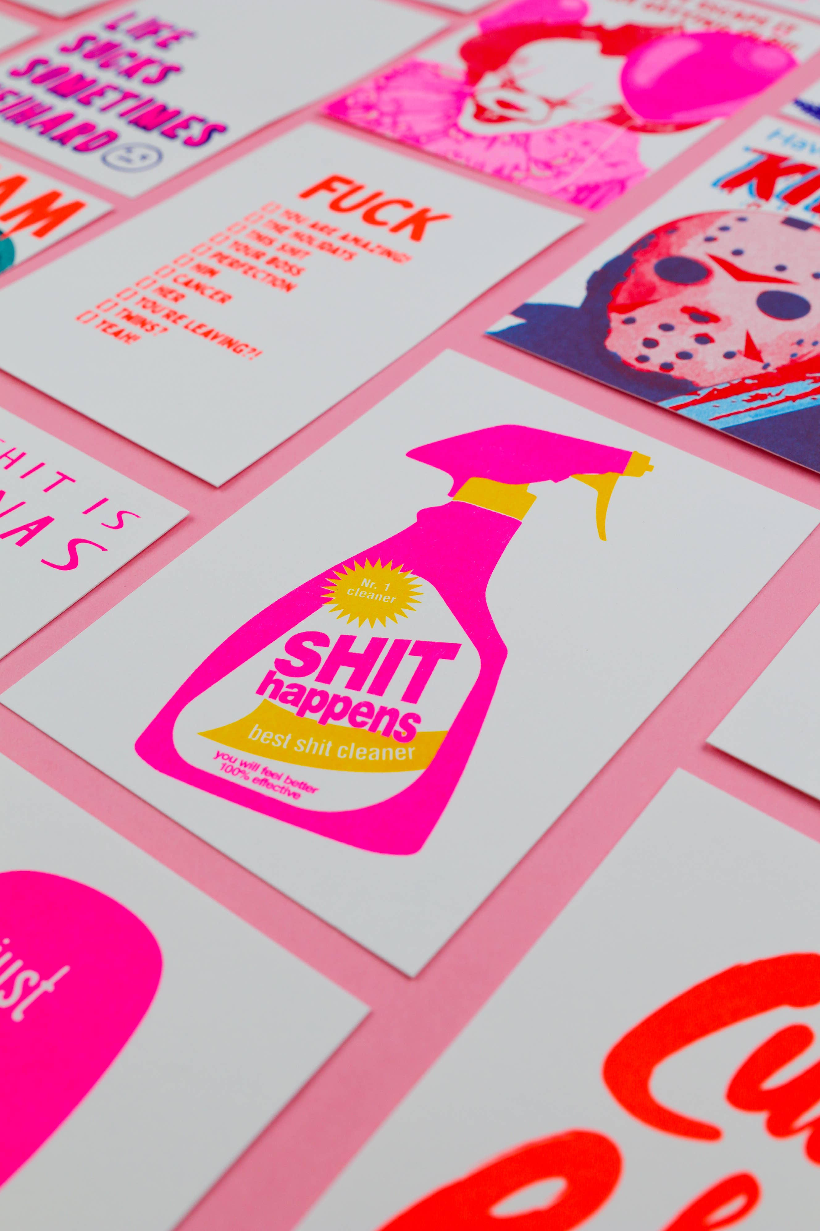 Studio Inktvis - Wholesale Encouragement Card - Shit Happens Cleaning spray bottle Risograph Postcard5