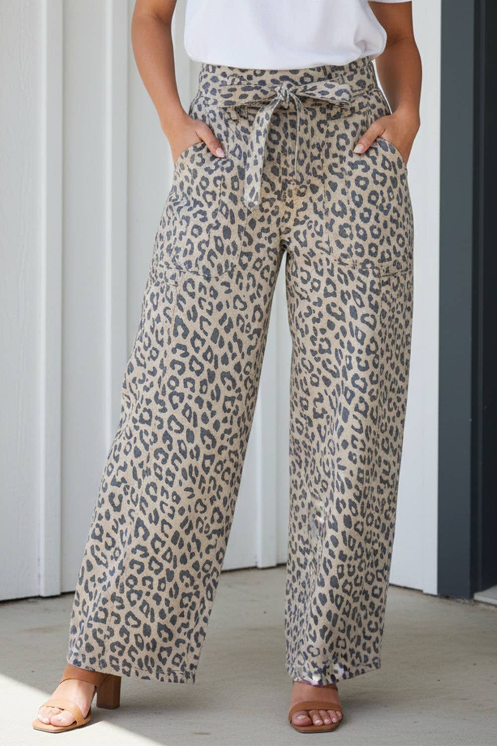 Brown LAS Leopard Drawstring Waist Pocketed Wide Leg Jeans (4-16) for wholesale on Faire2