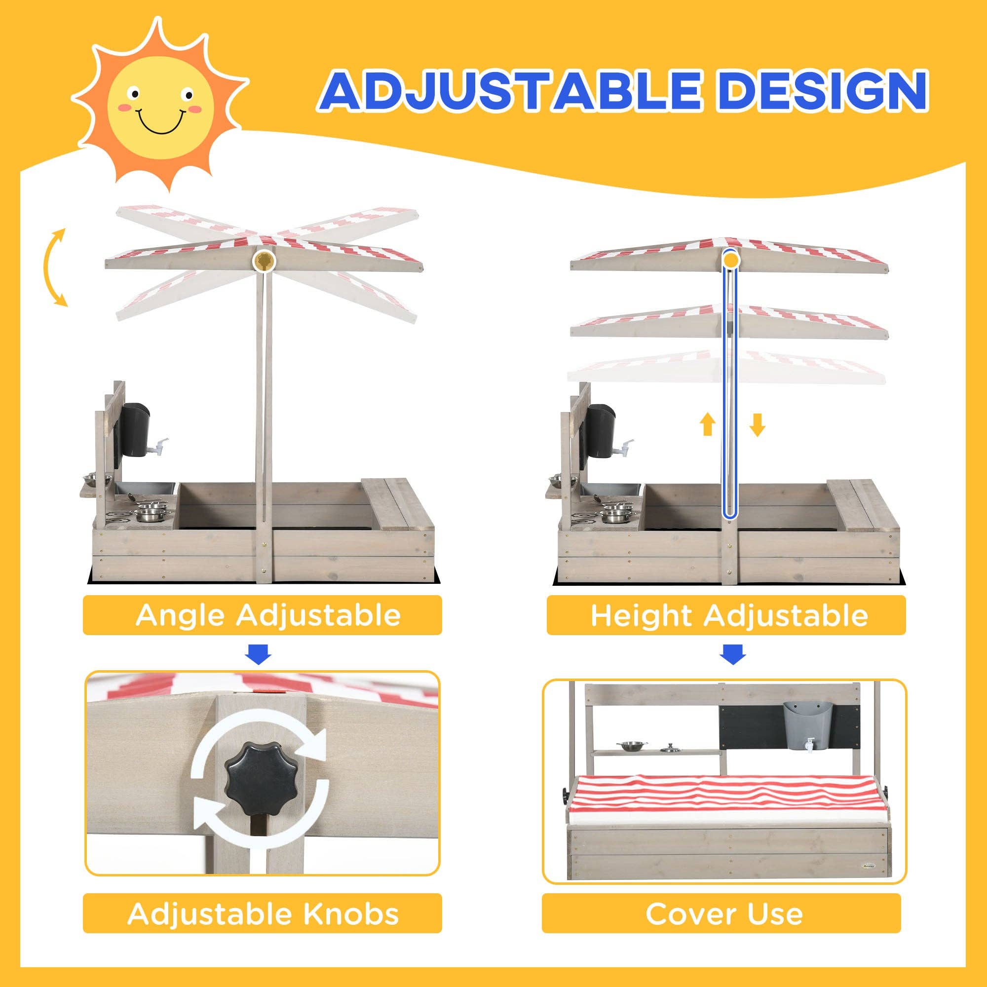 39F Inc. - Vente Jouet en bois – enfant - Bac à sable en bois pour enfants avec auvent réglable et cuisine de jeu8