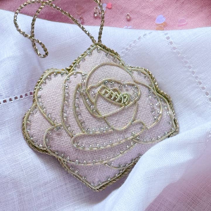 Rose Ornament Handmade Linen Holiday Christmas Decoration for wholesale by Katie Larmour Linen