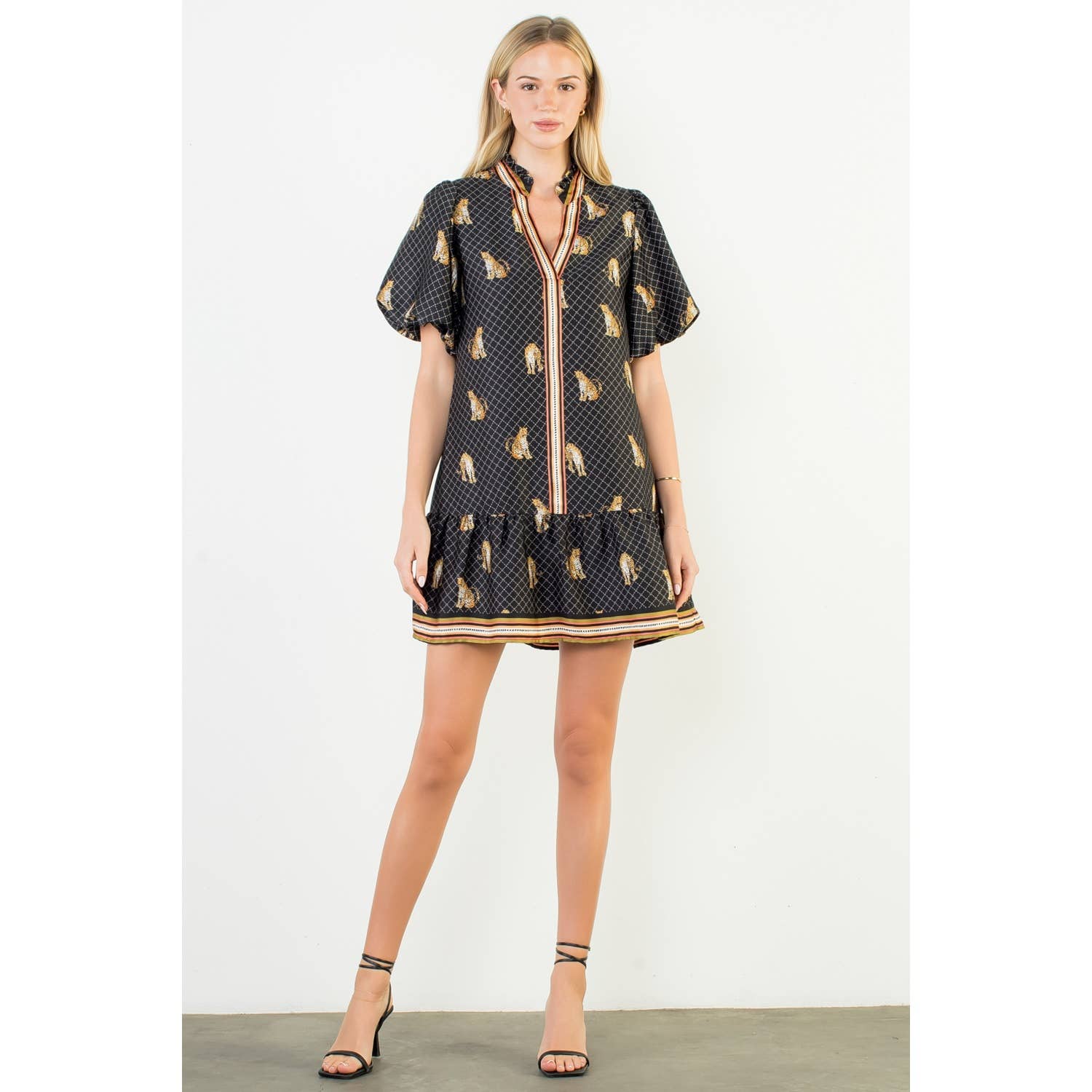 BLACK Puff Sleeve Leopard Print V-Neck Dress for wholesale on Faire2