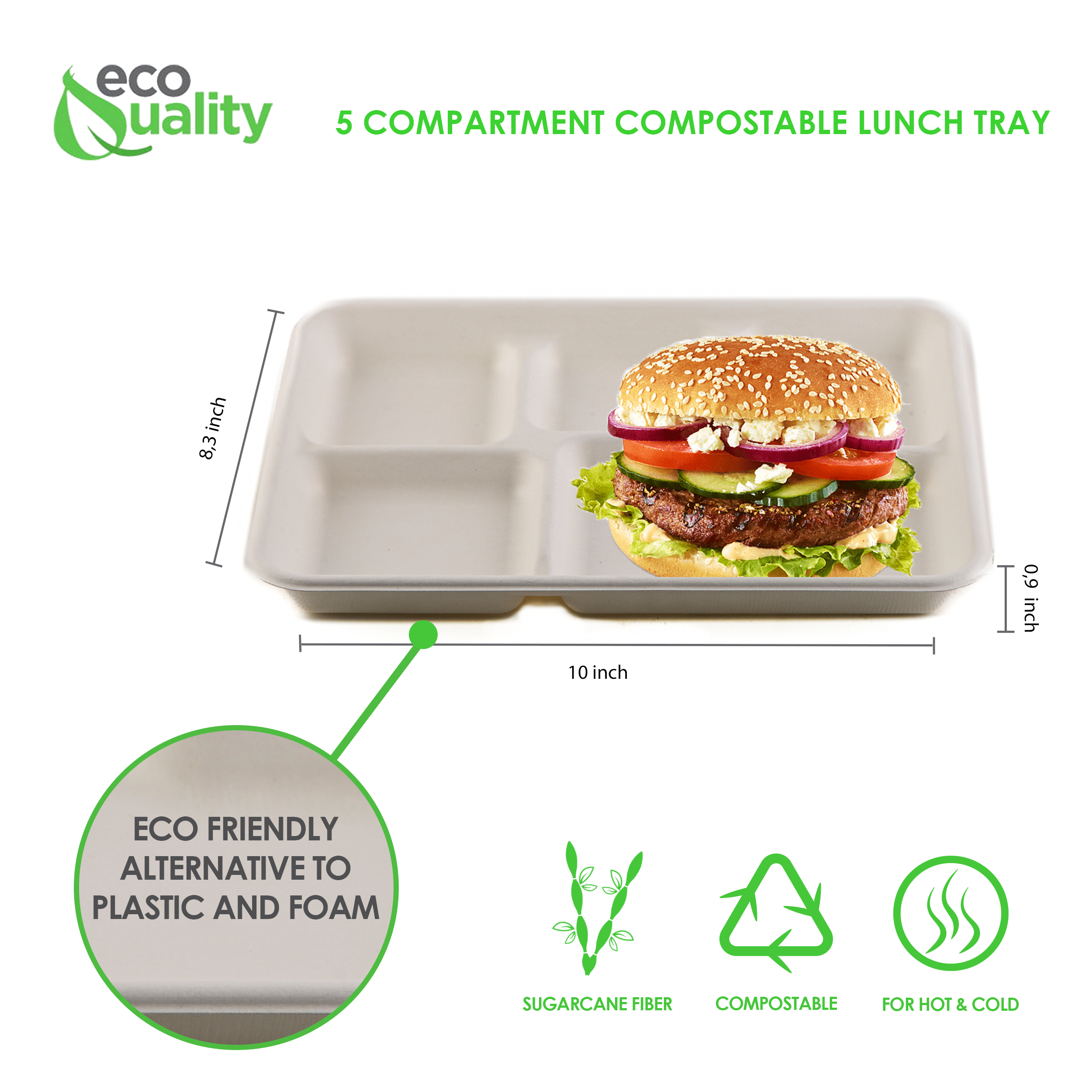 EcoQuality - Vente Assiette jetable - Plateau jetable compostable en fibre de pulpe de canne à sucre à 5 compartiments (25,4 x 21,1 x 2,3 cm)2
