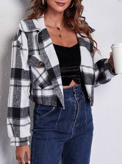 Rosa Clothing - Wholesale Shirt Jacket/Shacket - Women's - Plaid Balloon Sleeve Cropped Shirt Jacket1