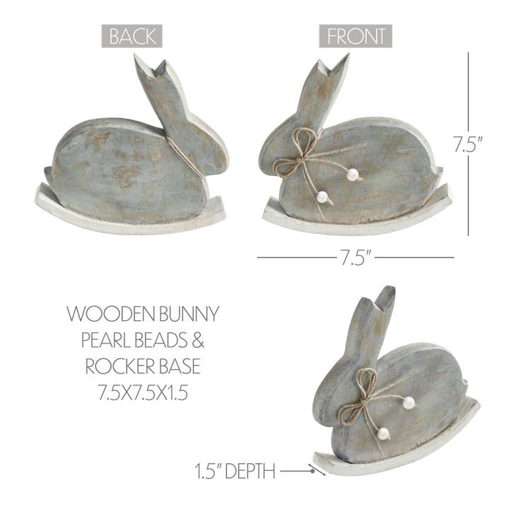 VHC Brands - Wholesale Decorative Tabletop Object - Bunny Hop Wooden Bunny w/ Pearl Beads & Rocker Base 7.5x7.5x1.5